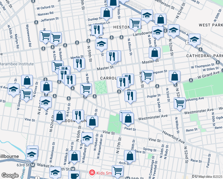 map of restaurants, bars, coffee shops, grocery stores, and more near 1201 North 58th Street in Philadelphia