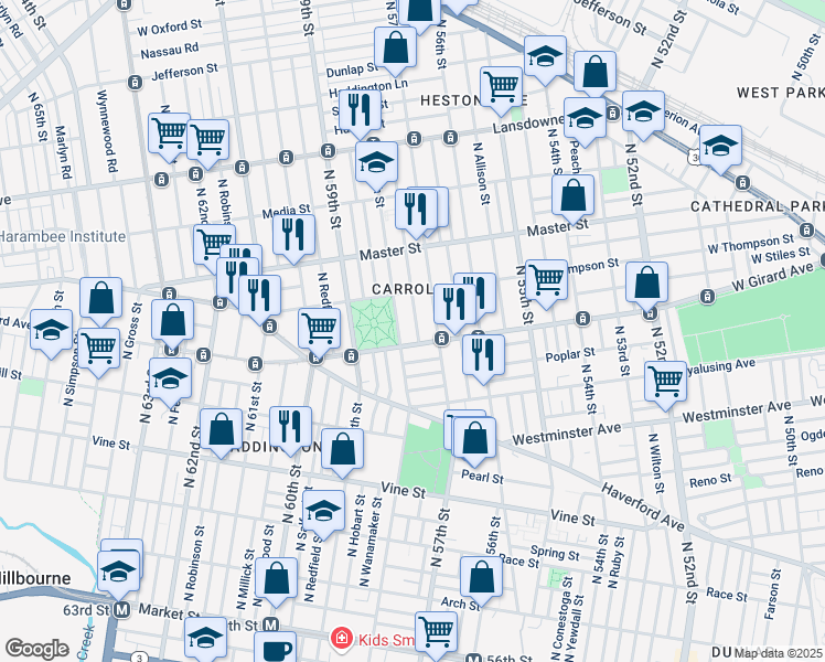 map of restaurants, bars, coffee shops, grocery stores, and more near 1201 North 58th Street in Philadelphia