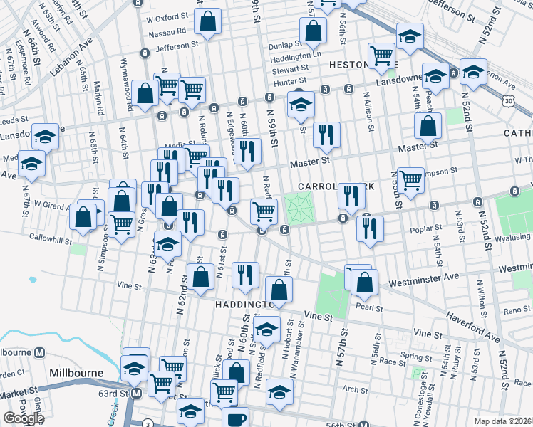 map of restaurants, bars, coffee shops, grocery stores, and more near 1212 North Redfield Street in Philadelphia