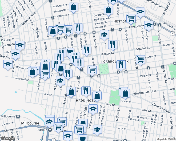 map of restaurants, bars, coffee shops, grocery stores, and more near 6035 Haverford Avenue in Philadelphia