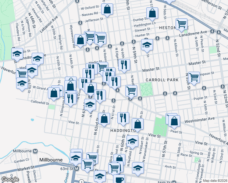 map of restaurants, bars, coffee shops, grocery stores, and more near 520 North 61st Street in Philadelphia