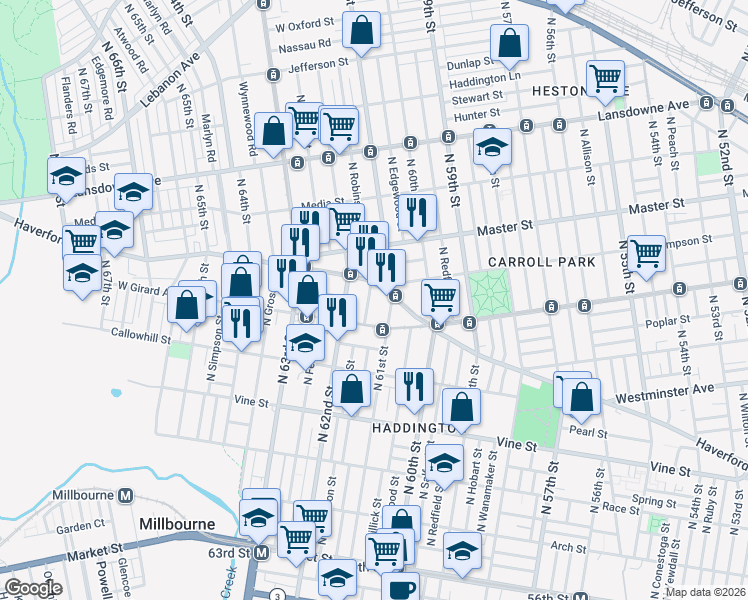 map of restaurants, bars, coffee shops, grocery stores, and more near 520 North 61st Street in Philadelphia