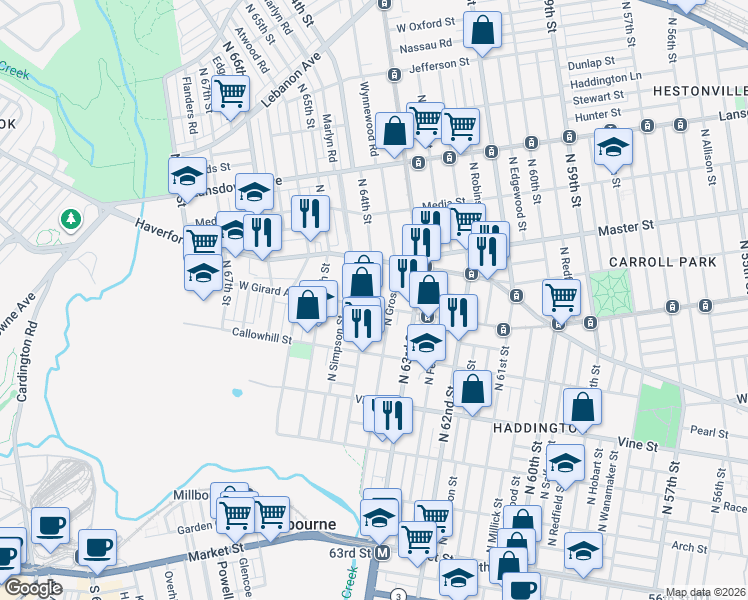 map of restaurants, bars, coffee shops, grocery stores, and more near 436 North 64th Street in Philadelphia