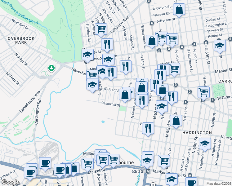 map of restaurants, bars, coffee shops, grocery stores, and more near 442 North Daggett Street in Philadelphia
