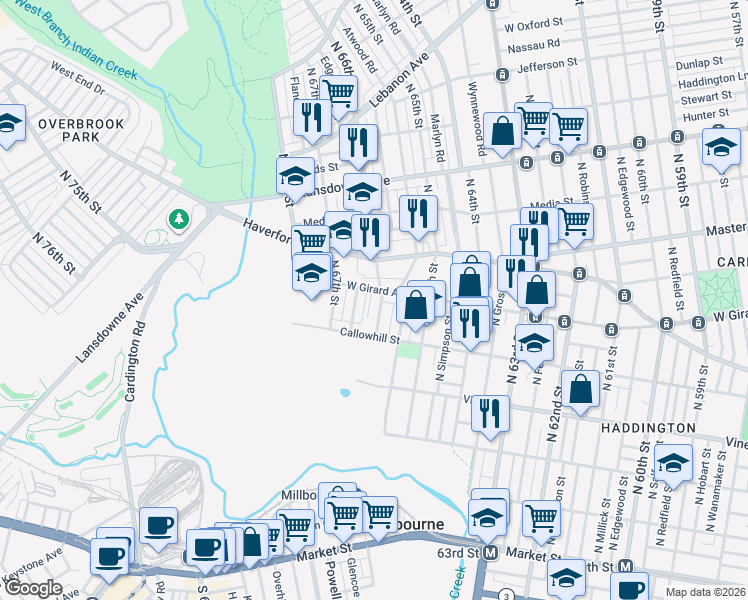 map of restaurants, bars, coffee shops, grocery stores, and more near 431 Edgemore Road in Philadelphia