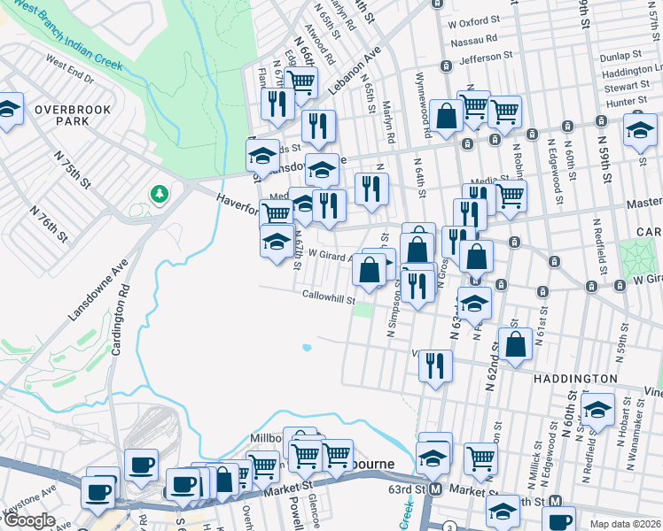 map of restaurants, bars, coffee shops, grocery stores, and more near 431 Edgemore Road in Philadelphia