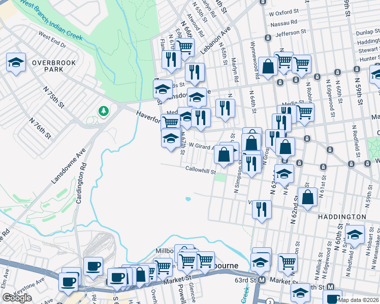 map of restaurants, bars, coffee shops, grocery stores, and more near 431 Edgemore Road in Philadelphia