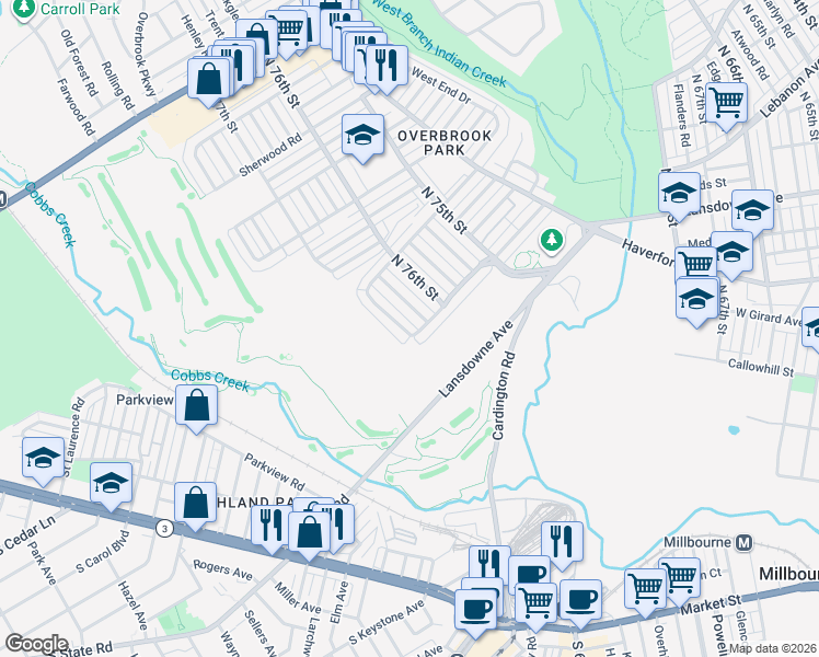 map of restaurants, bars, coffee shops, grocery stores, and more near 1300 Farrington Road in Philadelphia