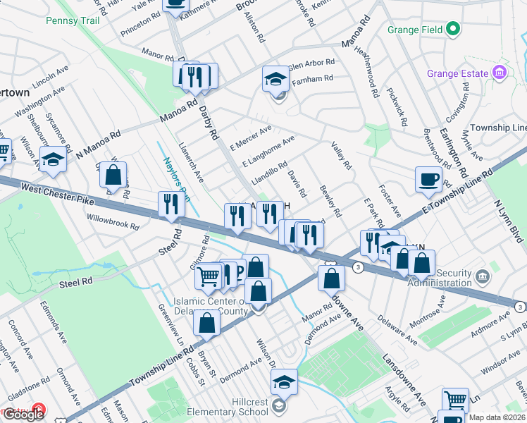 map of restaurants, bars, coffee shops, grocery stores, and more near 2 West Park Road in Havertown