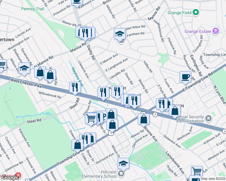 map of restaurants, bars, coffee shops, grocery stores, and more near 327 Llanerch Avenue in Havertown