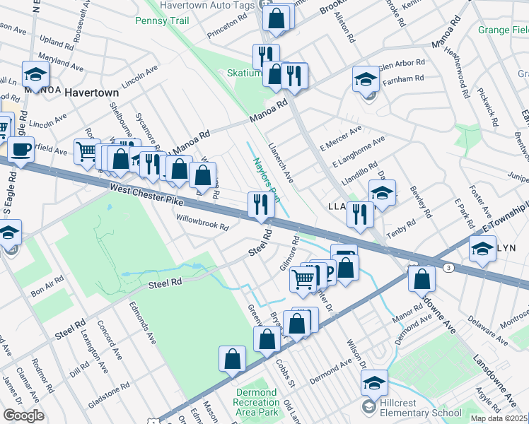 map of restaurants, bars, coffee shops, grocery stores, and more near 447 Naylors Run Road in Havertown