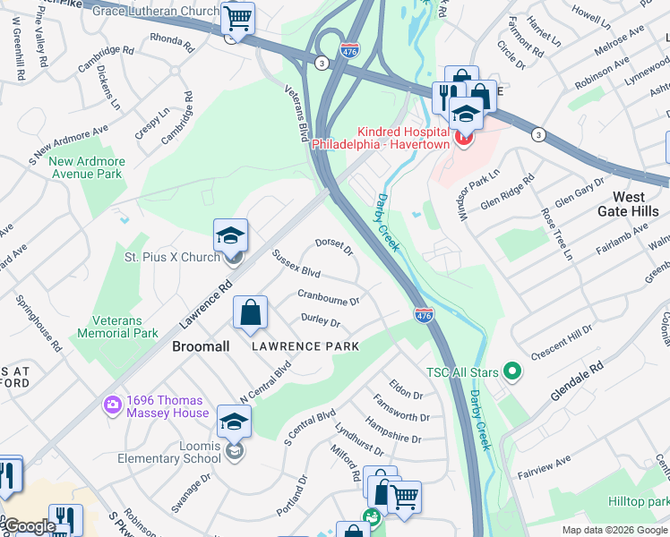map of restaurants, bars, coffee shops, grocery stores, and more near 219 Sussex Boulevard in Broomall