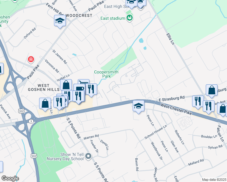 map of restaurants, bars, coffee shops, grocery stores, and more near 1157 Kingsway Road in West Chester