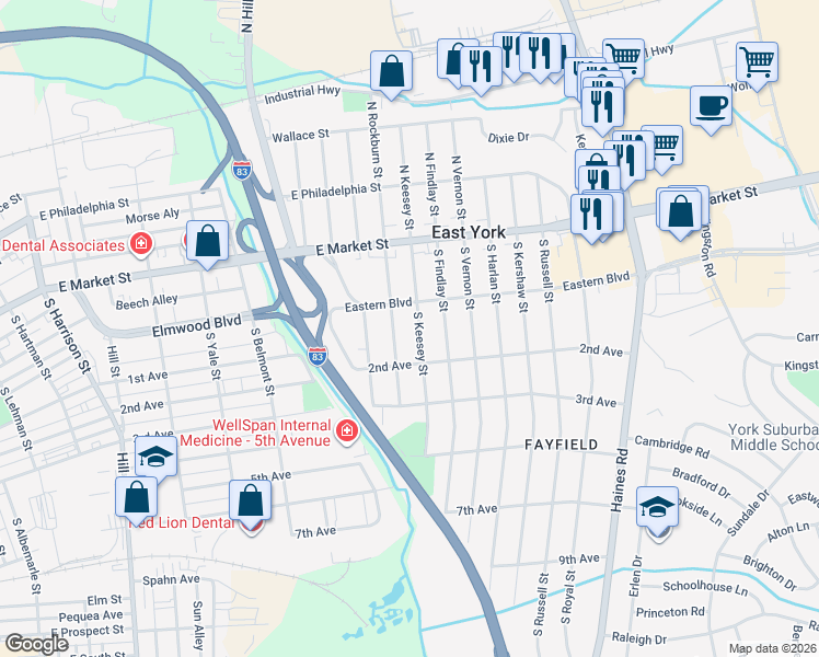 map of restaurants, bars, coffee shops, grocery stores, and more near 121 South Rockburn Street in East York