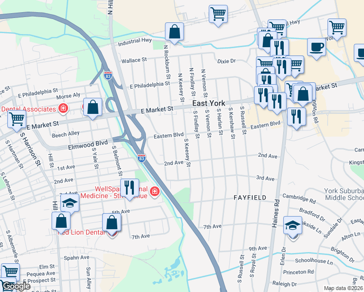 map of restaurants, bars, coffee shops, grocery stores, and more near 121 South Rockburn Street in East York