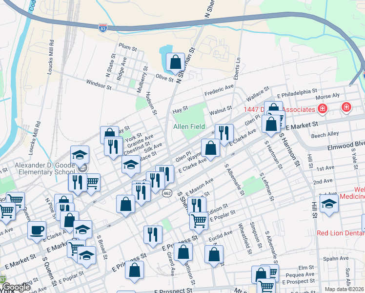 map of restaurants, bars, coffee shops, grocery stores, and more near 840 East Philadelphia Street in York
