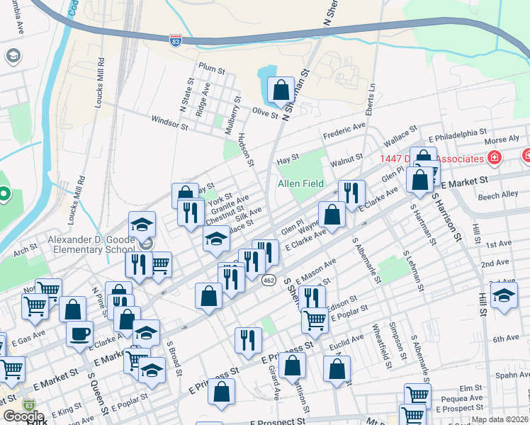 map of restaurants, bars, coffee shops, grocery stores, and more near 758 Wallace Street in York