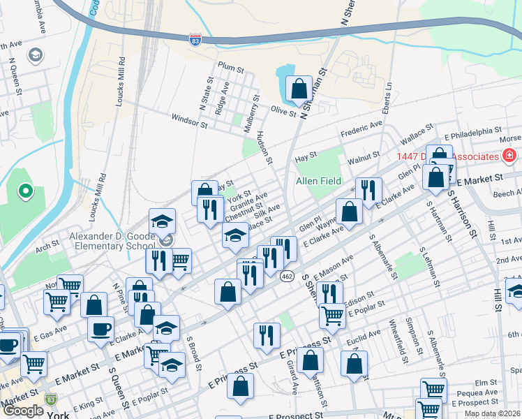 map of restaurants, bars, coffee shops, grocery stores, and more near 723 Wallace Street in York