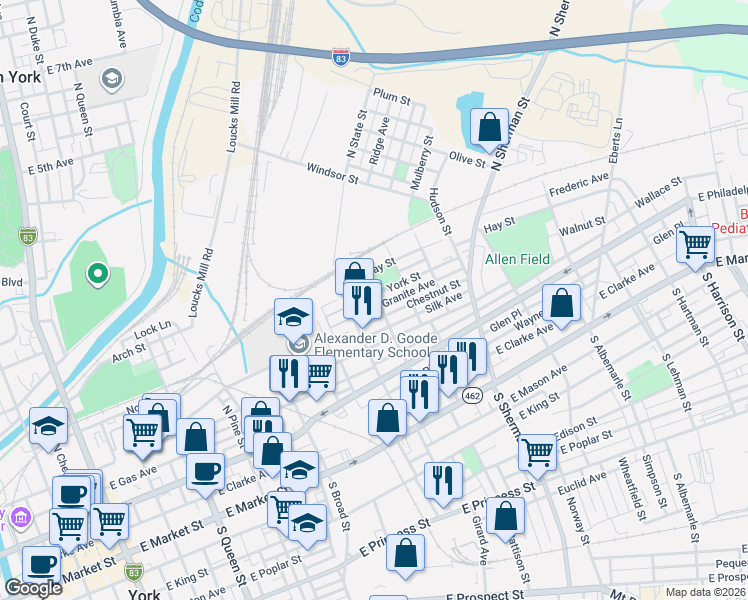 map of restaurants, bars, coffee shops, grocery stores, and more near 27 Granite Avenue in York