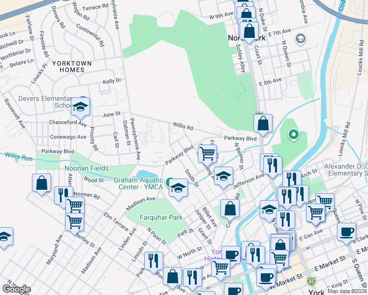 map of restaurants, bars, coffee shops, grocery stores, and more near 221 Parkway Boulevard in York