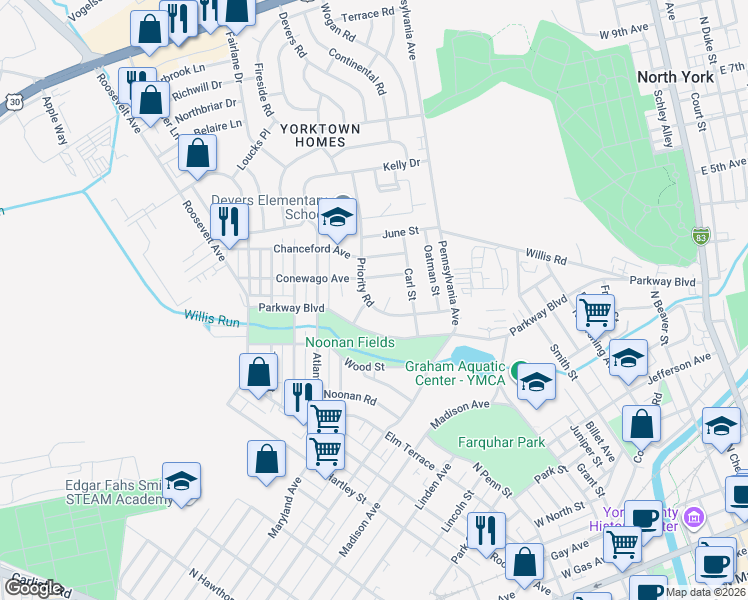 map of restaurants, bars, coffee shops, grocery stores, and more near 747 Priority Road in York
