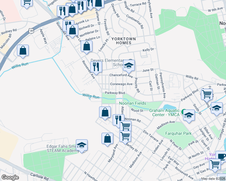 map of restaurants, bars, coffee shops, grocery stores, and more near 935 Parkway Boulevard in York
