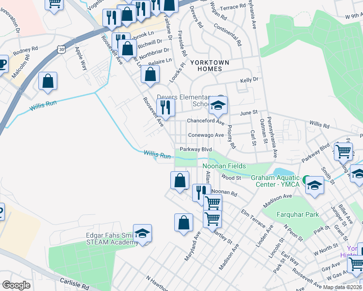 map of restaurants, bars, coffee shops, grocery stores, and more near 935 Parkway Boulevard in York