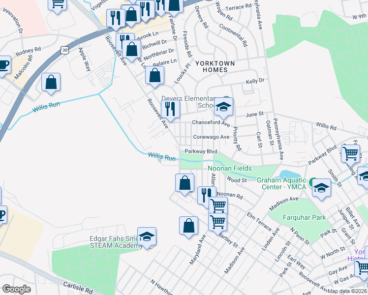 map of restaurants, bars, coffee shops, grocery stores, and more near 935 Parkway Boulevard in York