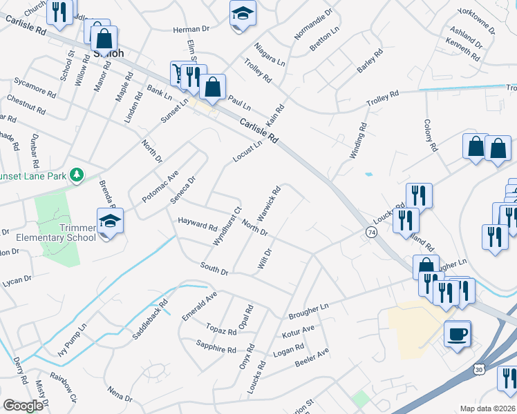 map of restaurants, bars, coffee shops, grocery stores, and more near 2387 Warwick Road in York