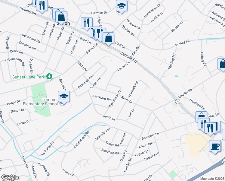 map of restaurants, bars, coffee shops, grocery stores, and more near 2401 Wyndhurst Court in Shiloh