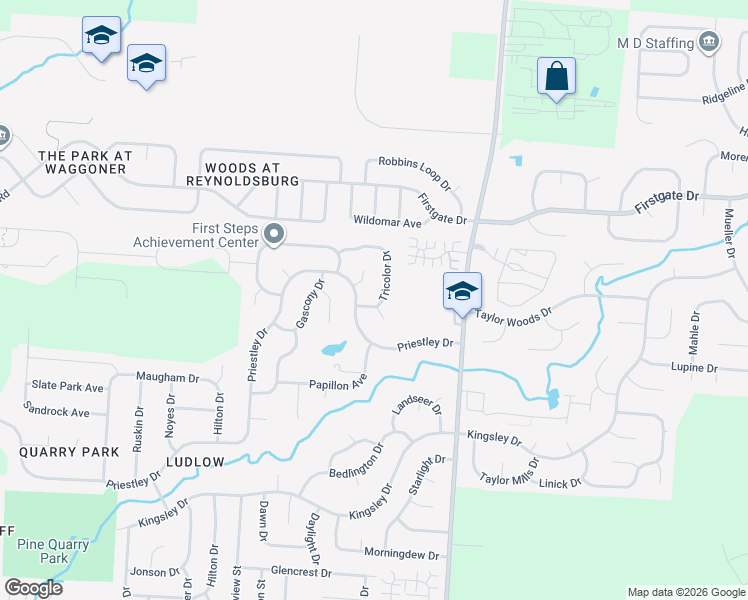 map of restaurants, bars, coffee shops, grocery stores, and more near 8472 Priestley Drive in Reynoldsburg