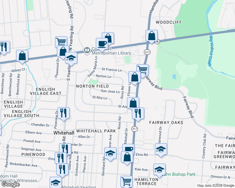 map of restaurants, bars, coffee shops, grocery stores, and more near 223 Ross Road in Whitehall