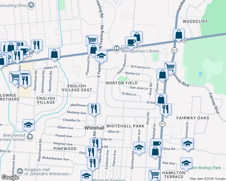 map of restaurants, bars, coffee shops, grocery stores, and more near 228 Santa Maria Lane in Columbus