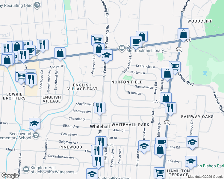 map of restaurants, bars, coffee shops, grocery stores, and more near 217 Saint Christopher Lane in Columbus