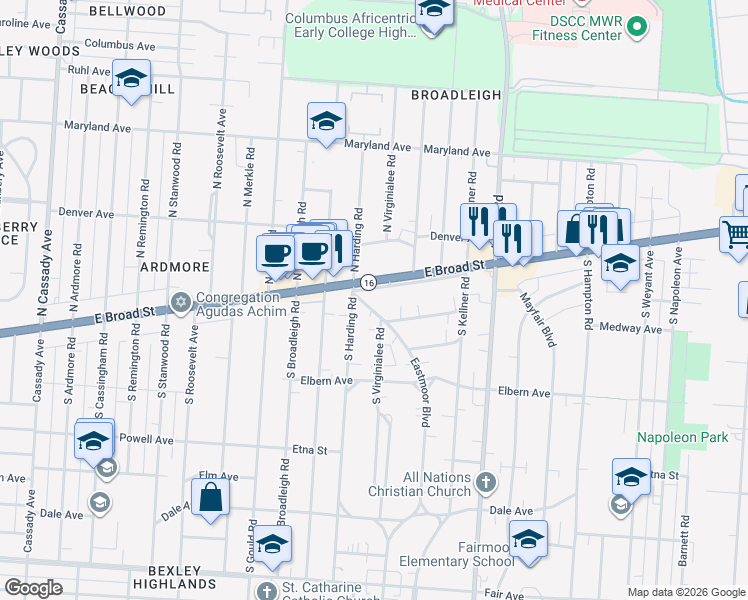 map of restaurants, bars, coffee shops, grocery stores, and more near 50 Eastmoor Boulevard in Columbus