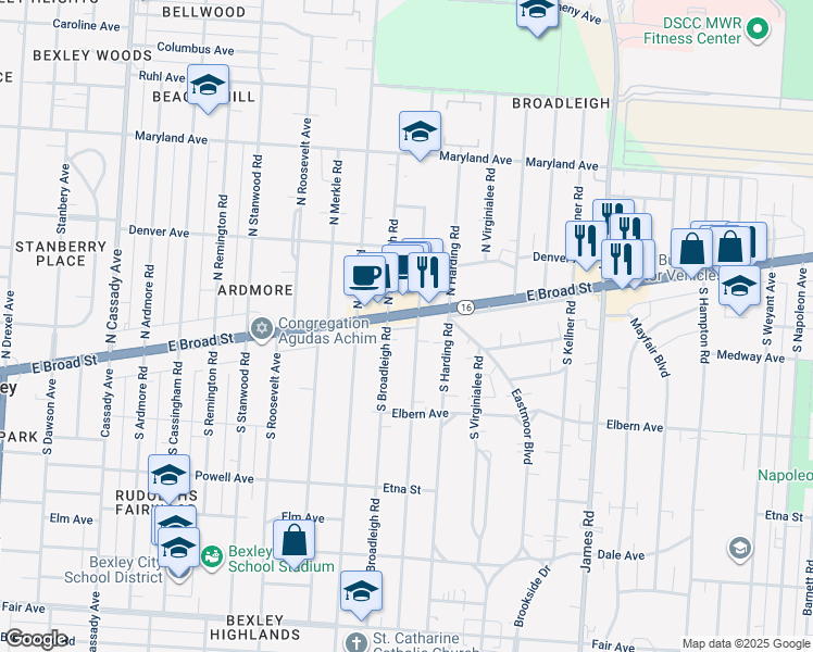 map of restaurants, bars, coffee shops, grocery stores, and more near 2971 Bernard View Lane in Columbus