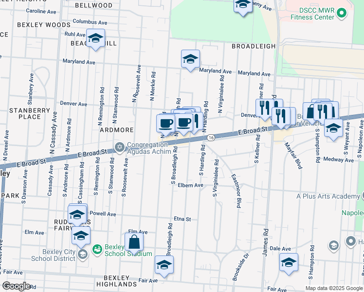 map of restaurants, bars, coffee shops, grocery stores, and more near 2971 Bernard View Lane in Columbus