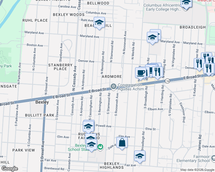map of restaurants, bars, coffee shops, grocery stores, and more near in Bexley