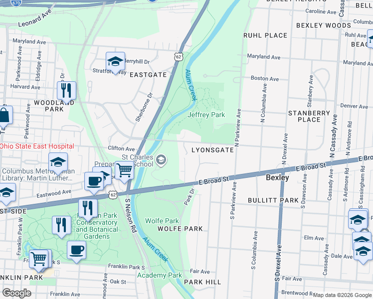 map of restaurants, bars, coffee shops, grocery stores, and more near 2 Bishop Square in Bexley
