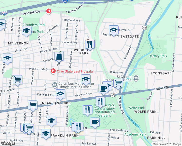 map of restaurants, bars, coffee shops, grocery stores, and more near 1709 Clifton Avenue in Columbus