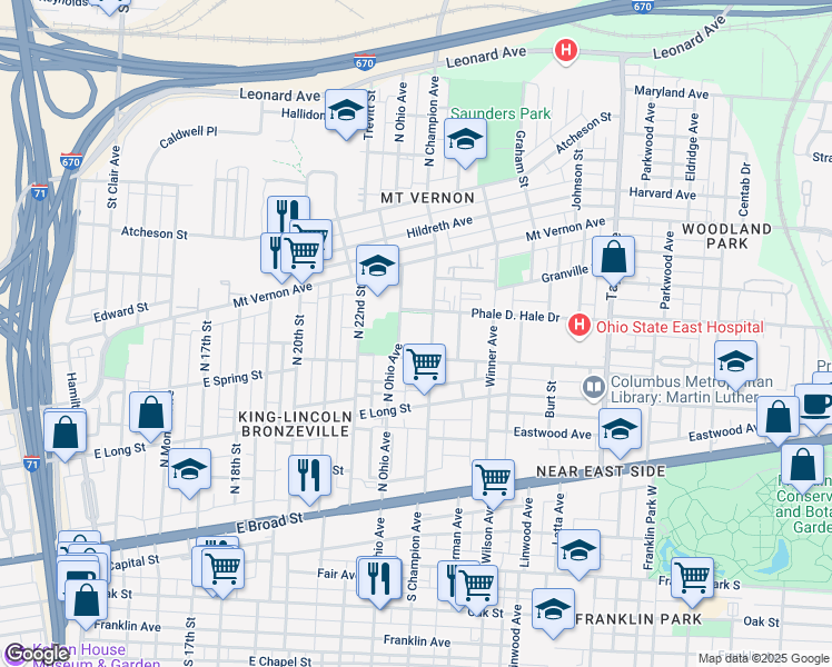 map of restaurants, bars, coffee shops, grocery stores, and more near in Columbus
