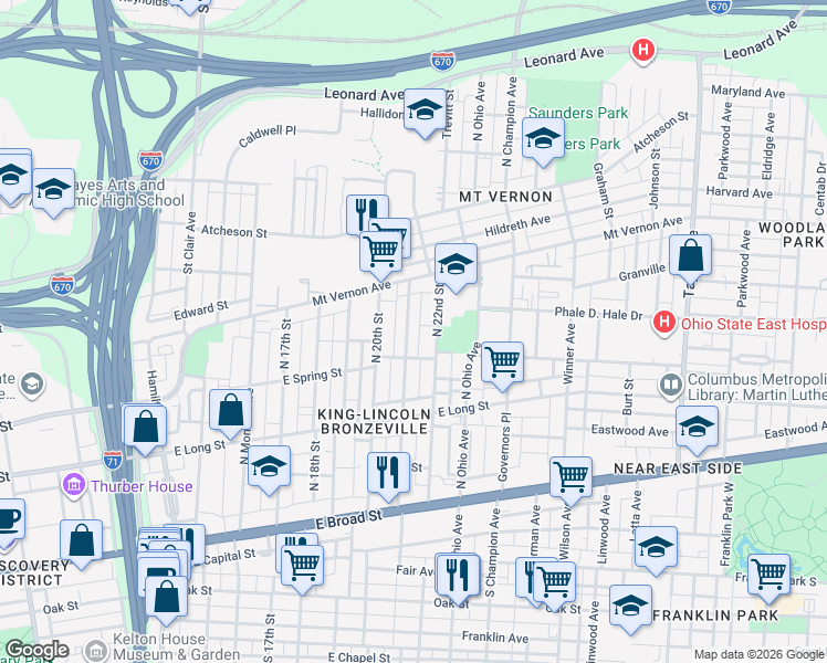 map of restaurants, bars, coffee shops, grocery stores, and more near 231 North 21st Street in Columbus