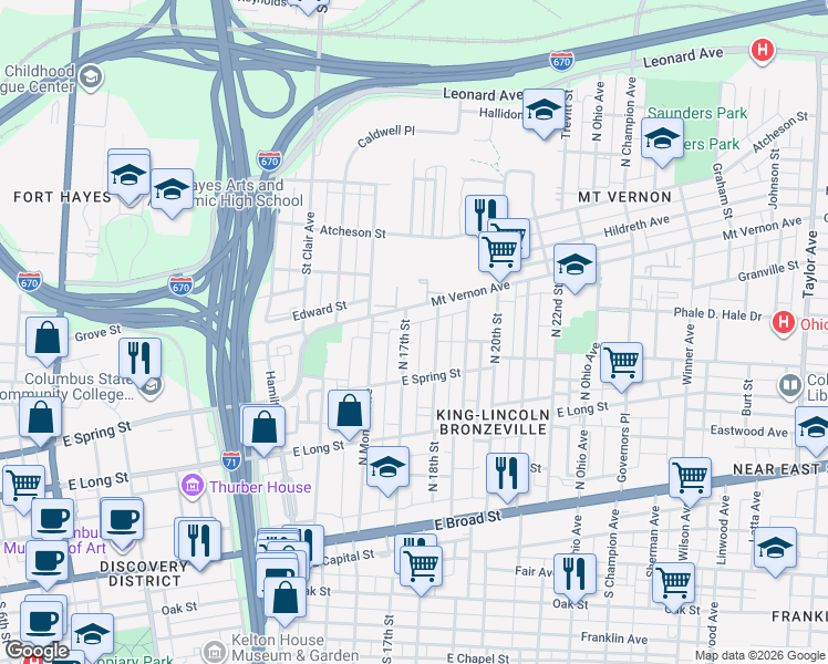 map of restaurants, bars, coffee shops, grocery stores, and more near 260 North 17th Street in Columbus