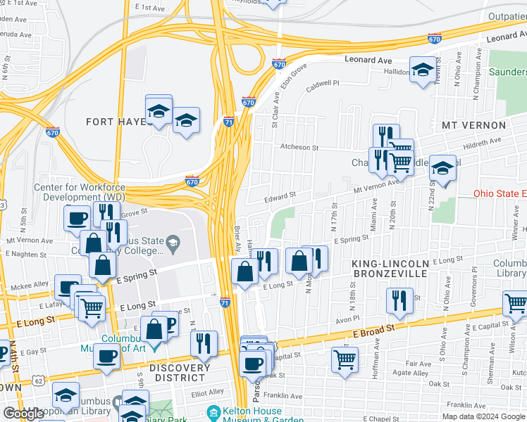 map of restaurants, bars, coffee shops, grocery stores, and more near 765 Mount Vernon Avenue in Columbus