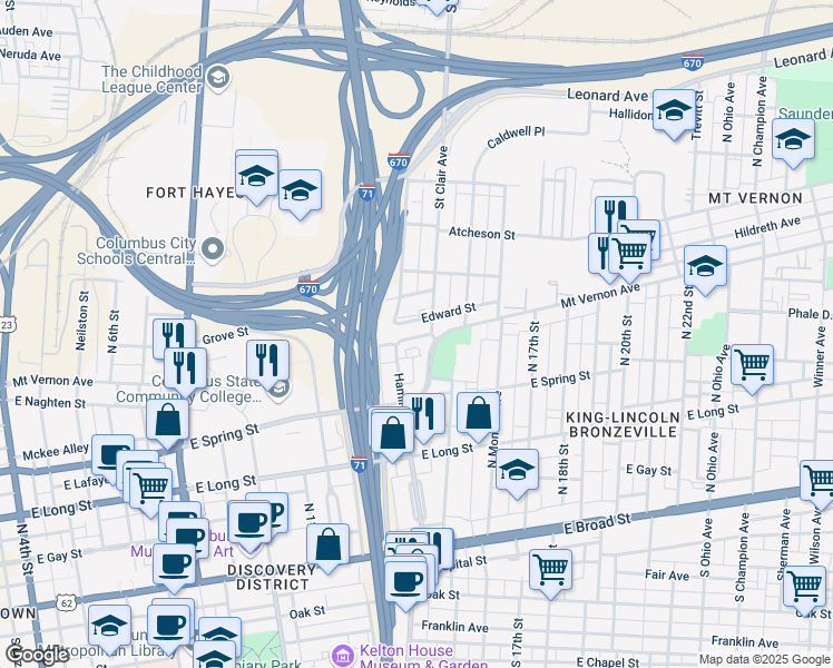 map of restaurants, bars, coffee shops, grocery stores, and more near 765 Mount Vernon Avenue in Columbus