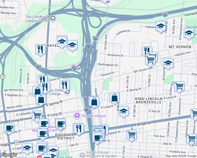 map of restaurants, bars, coffee shops, grocery stores, and more near 765 Mount Vernon Avenue in Columbus
