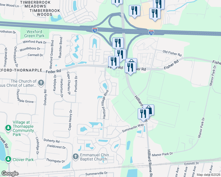 map of restaurants, bars, coffee shops, grocery stores, and more near 976 Hartford Village Boulevard in Columbus