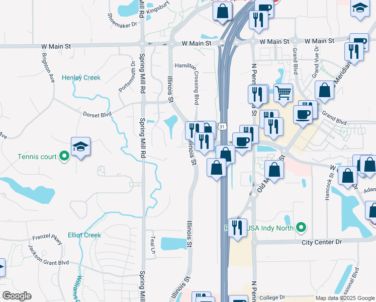 map of restaurants, bars, coffee shops, grocery stores, and more near 209 Faulkner Lane in Carmel