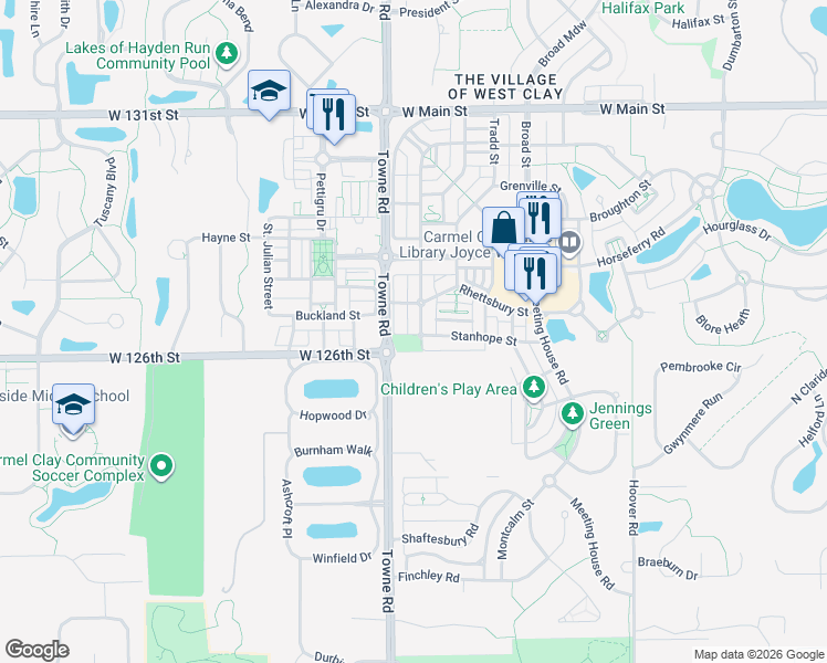 map of restaurants, bars, coffee shops, grocery stores, and more near 12651 Kossuth Street in Carmel