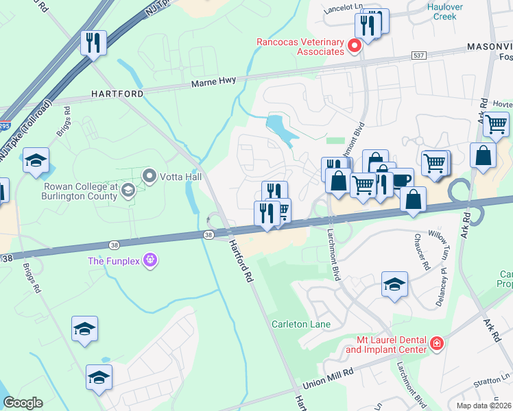 map of restaurants, bars, coffee shops, grocery stores, and more near 4601A Aberdeen Drive in Mount Laurel Township